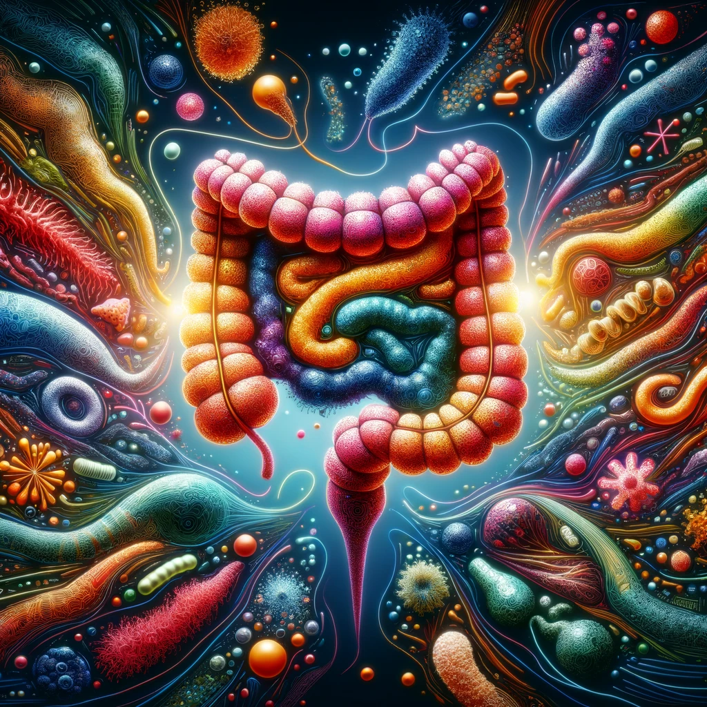 image representing the gut surrounded by gut microbiota