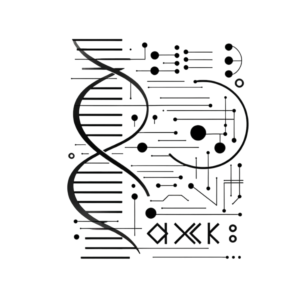 abstract art piece on a white background that subtly integrates elements of DNA, technology, and ancient Greek philosophy