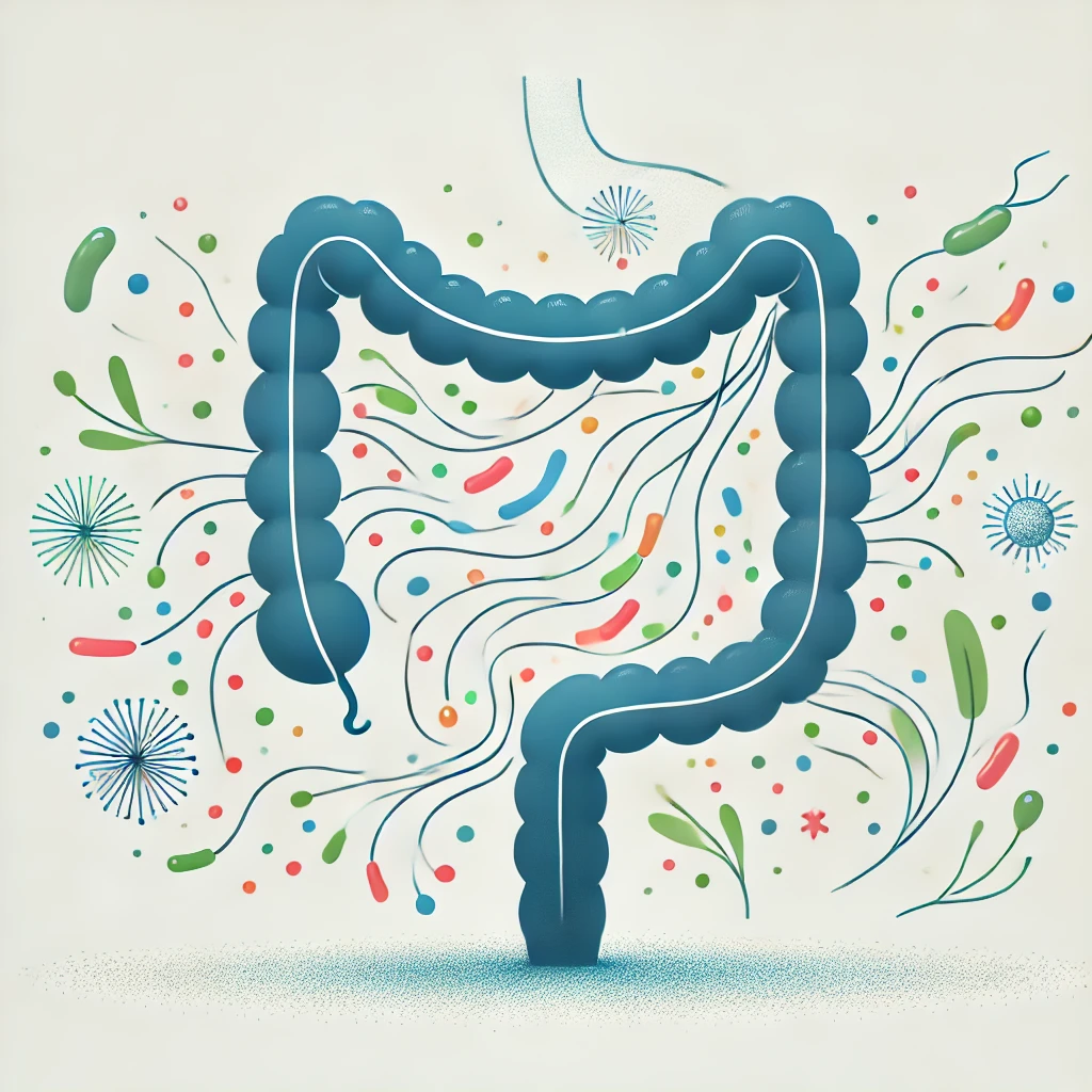 Image representing prebiotics passing through the intestines, showing the interaction with gut bacteria